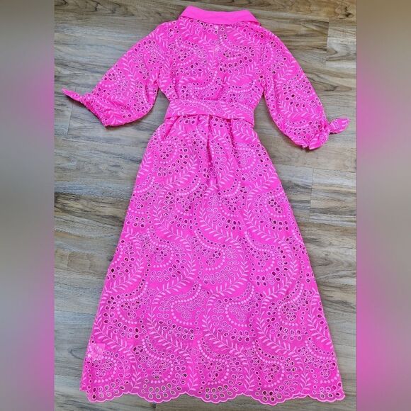 🩵NWT Lilly Pulitzer Pink Isle Amrita Swirly Fern Scalloped Eyelet Dress Size 2 - Picture 4 of 15